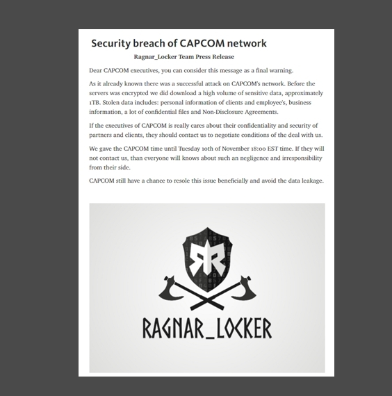 卡普空拒绝黑客勒索要求 大量内部加密文件恐遭曝光