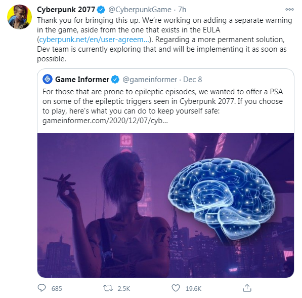 赛博朋克2077竟然会导致癫痫！ 官方表示正在探索解决方案(图1)