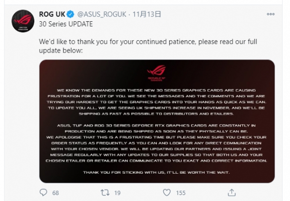 RTX30系列显卡在搞饥饿营销？ 华硕回应称正在增加产能(图1)