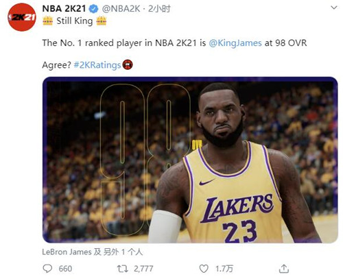 《NBA 2K21》官推公布球员能力值 老詹第一(图1)